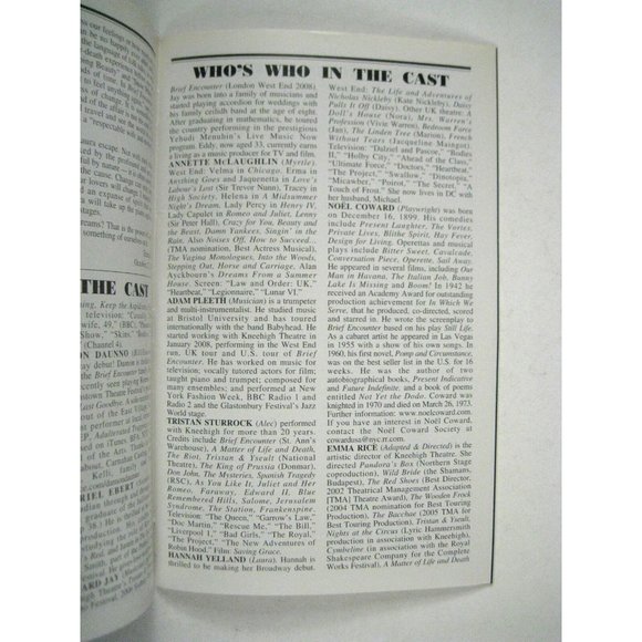 Brief Encounter Playbill 2010 Studio 54 Opening Night September 28 Ticket Alessi - Picture 7 of 11